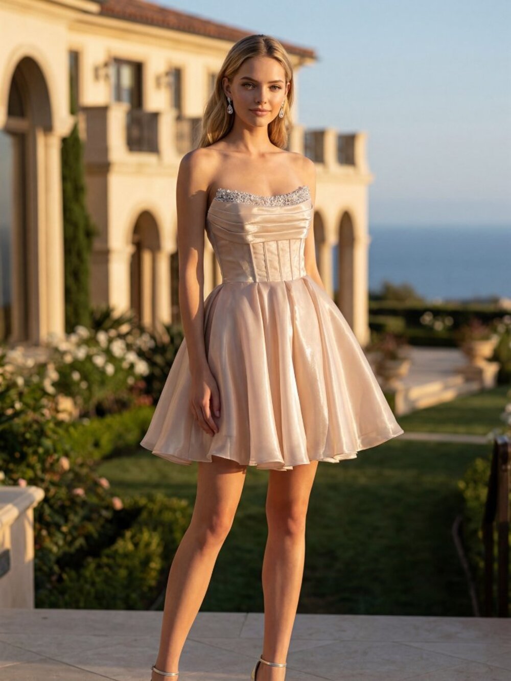 New Champagne Mini Rhinestones Embellished Party Dress w/ Shiny Finish JT7187S